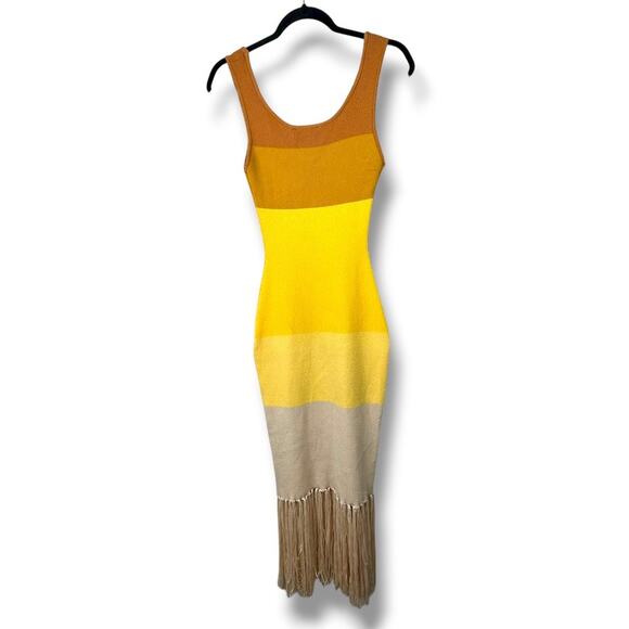 Lulus NWOT Delfi Yellow Color Block Fringe Stretchy Sweater Midi Bodycon Dress - Picture 9 of 11